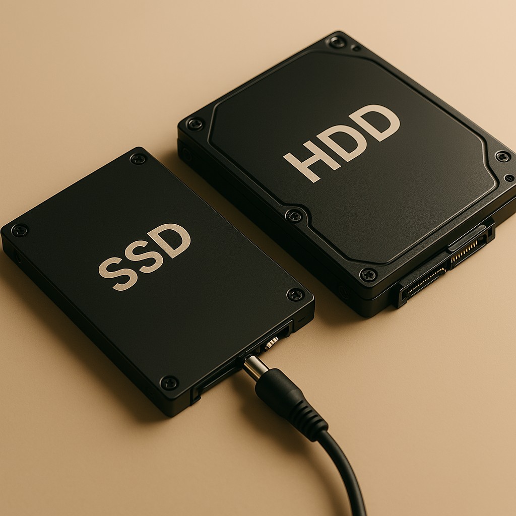 Perbandingan antara komponen internal Solid State Drive (SSD) dan Hard Disk Drive (HDD).